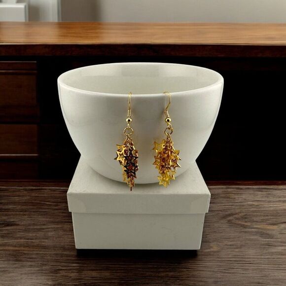 Gold Plated Stars Cluster Earrings Statement Earrings Gold Plated Ear Wire - Picture 2 of 12